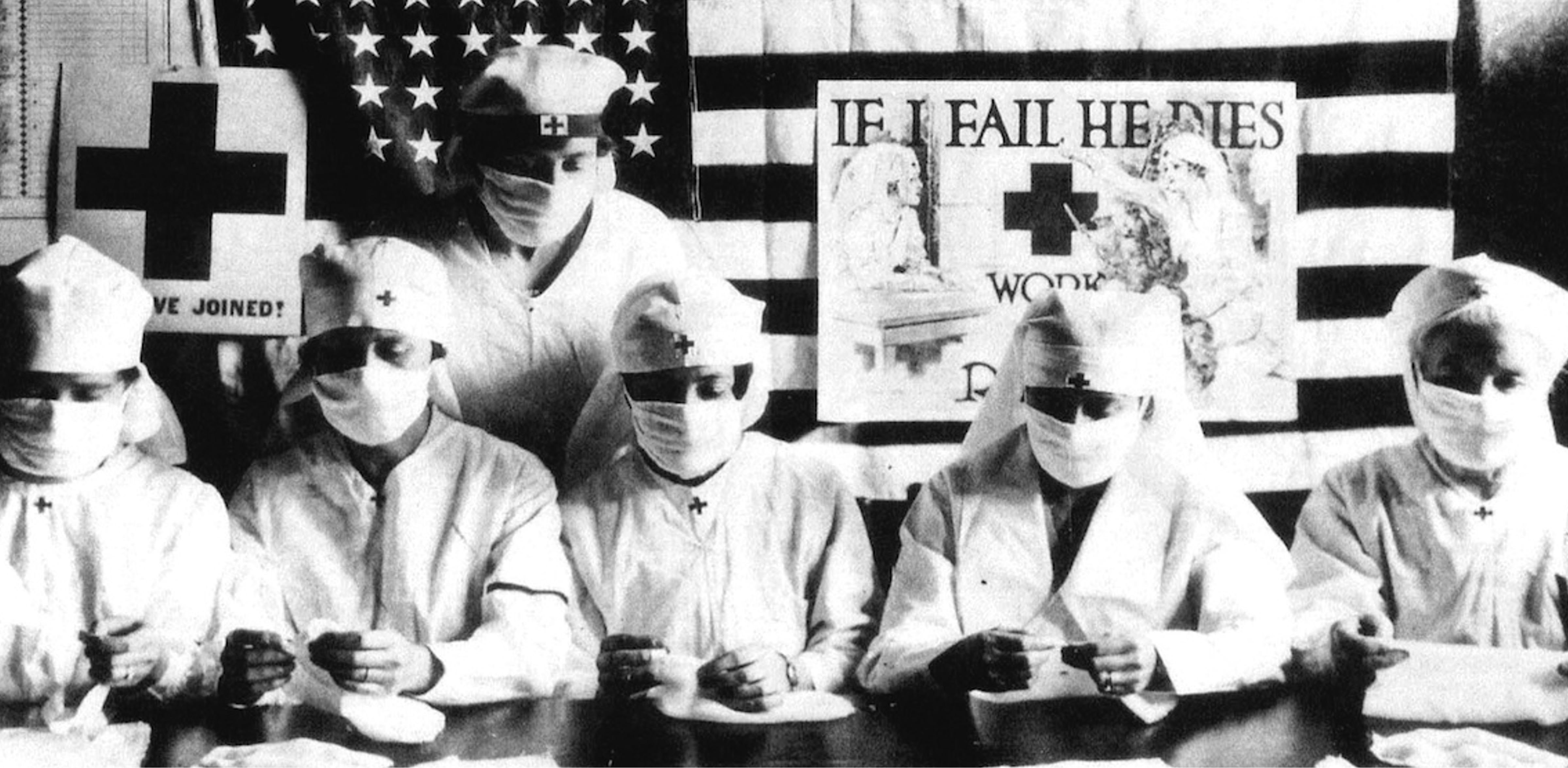 Masked Red Cross Nurses during the 1918 pandemic, with 